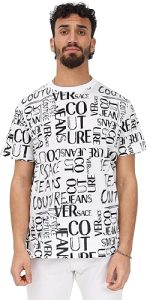 T-Shirt Versace Jeans Couture: Versace Jeans Couture Jeans T-Shirt col rond blanc pour homme à manches courtes avec imprimé logo all Over.