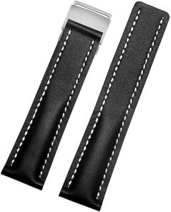 Bracelet Montre Breitling :HAODEE Bracelet de montre pour Breitling SUPEROCEAN AVENGER NAVITIMER en cuir véritable pour hommes Bracelet de montre Accessoires de montre Ceinture (couleur : Svart, taille : 24 mm Boucle argentée)